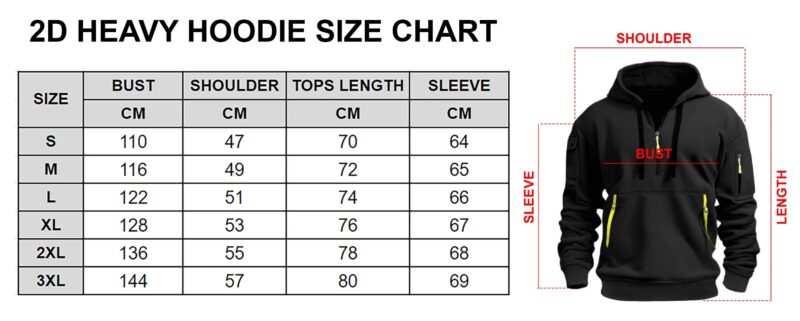 2D Heavy Hoodie Sizechart