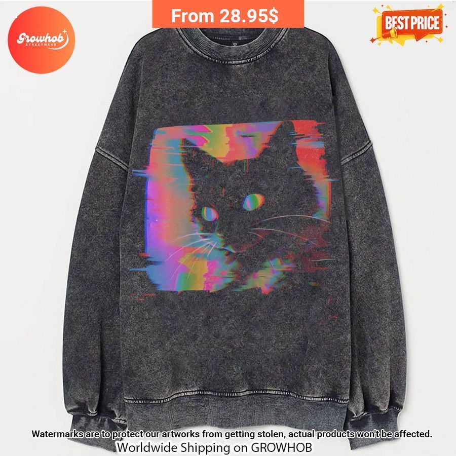 Psychedelic Weirdcore Cat Vintage Acid Washed Shirt 2