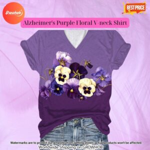 Alzheimers Purple Floral V Neck Shirt 4